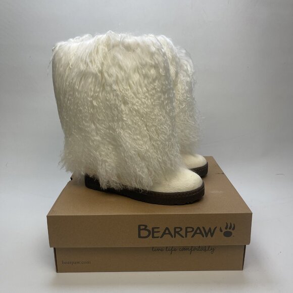 NEW BEARPAW Canada Boetis II Pearl White Mongolian Sheepskin Fur Boots Sz 7 US - Picture 1 of 10